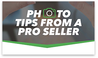 Close-up of a camera lens and text about photo tips from a pro seller.